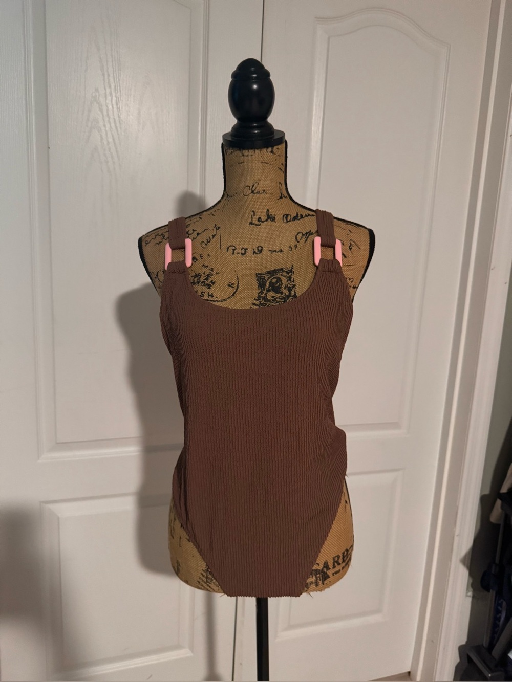aerie Brown Ribbed Swimsuit with Pink Buckle Accents